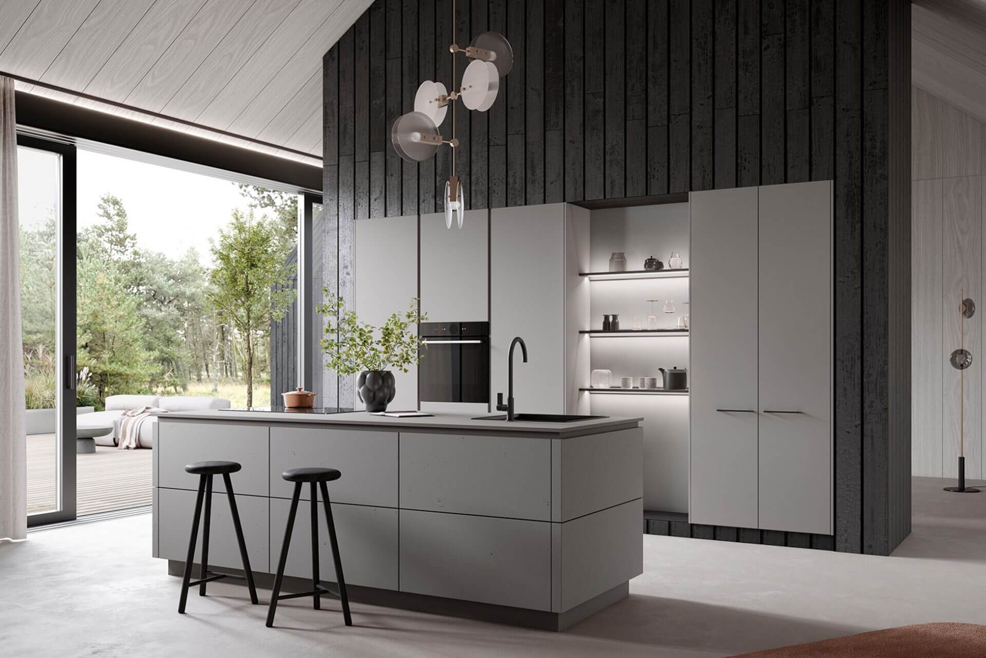 Duurzaam koken begint bij een duurzame keuken | Eigenhuis Keukens Een beton greige leefkeuken met eiland van de duurzame collectie van Systemat