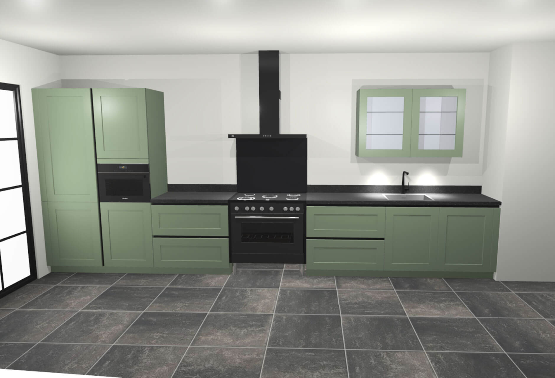 Pastelgroene 3D rendering landelijke showroomkeuken | Eigenhuis Keukens Pastelgroene 3D rendering van landelijke showroomkeuken | Eigenhuis Keukens