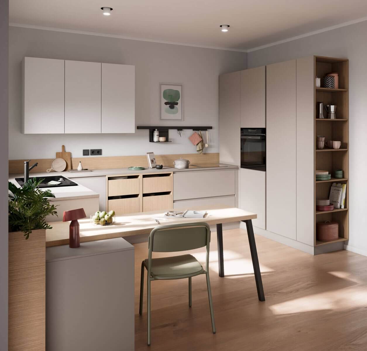 Lichte keuken met houttinten bij Eigenhuis Keukens