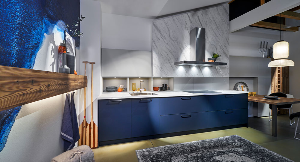 Blauwe rechte Systemat keuken | Eigenhuis Keukens